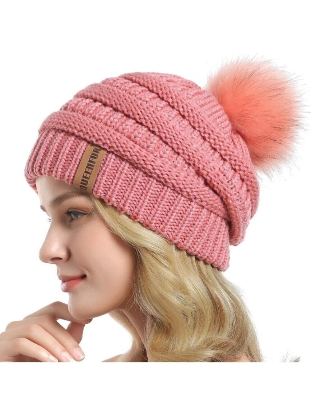 Women Single Pink Soft Acrylic Thick Baggy Knit Winter Faux Fur Pompom Beanie